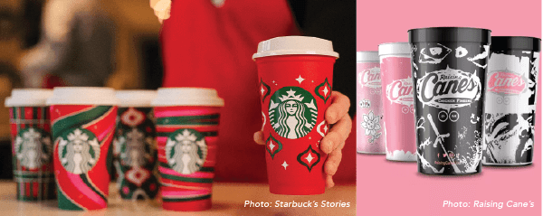 A promotional image showing two different sets of collectible beverage cups. The left side shows a hand holding a red Starbucks holiday cup with a white lid and a green and red design of stars and diamonds. Behind it are three other Starbucks cups with festive holiday patterns. The bottom of the image has a credit that reads ‘Photo: Starbucks’s Stories’. The right side of the image shows three Raising Cane’s reusable plastic cups. The one in the foreground is black and white and is covered in drawings of eyes. The two cups behind it are a solid light pink color. The bottom of the image has a credit that reads ‘Photo: Raising Cane’s’.