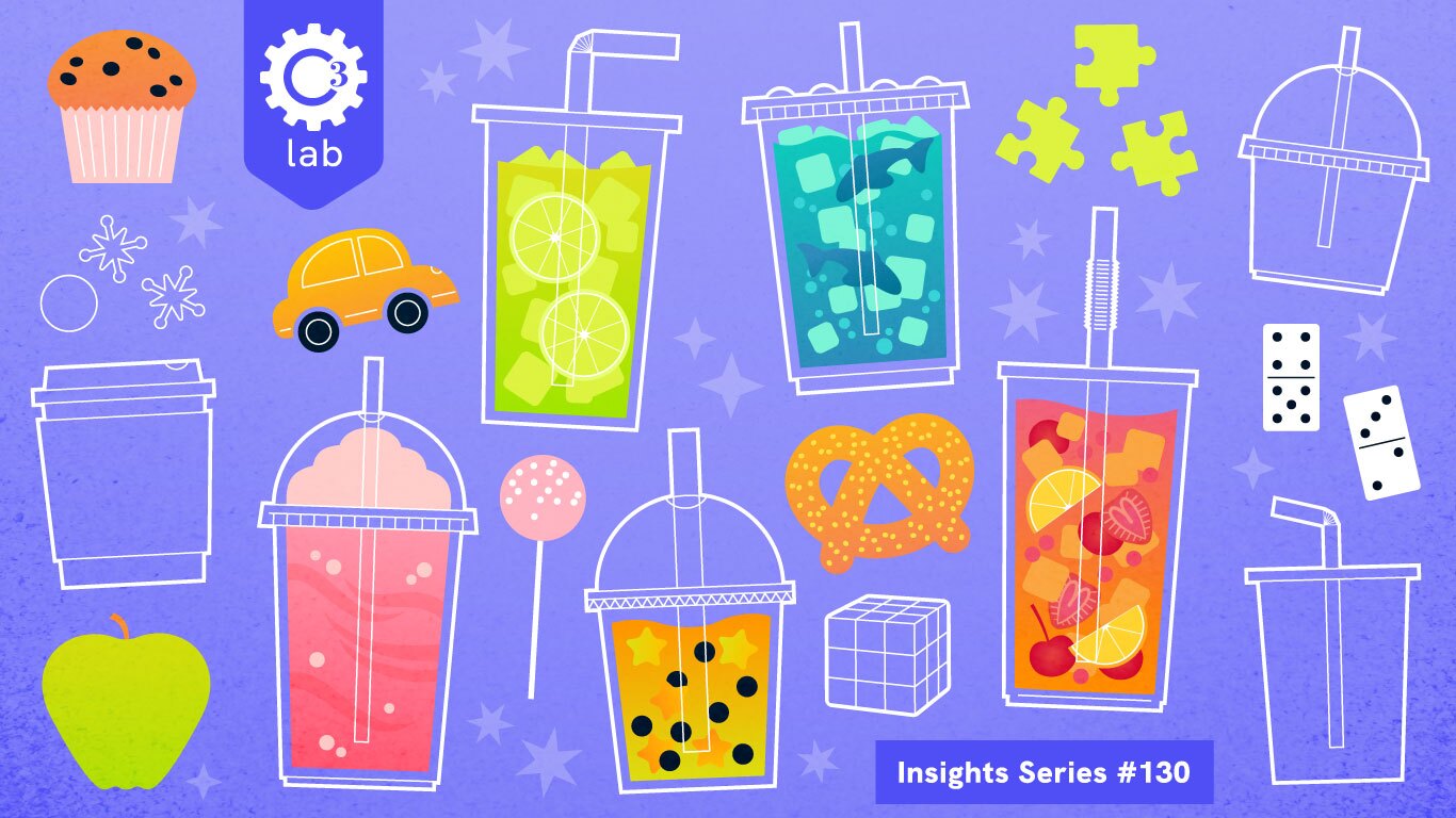 Illustration of various, colorful drinks surrounded by toys and snack items.