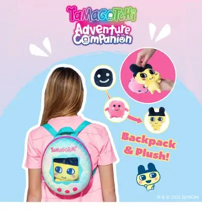A promotional graphic for a Tamagotchi product. In the center, a girl with her back to the camera is wearing a backpack that looks like a Tamagotchi character. The backpack is blue with a pink and white border. The center of the backpack has a window showing a plush toy of a Tamagotchi character, with a face showing a happy expression. To the right, there are three small images showing how the product works: a black smiley face in a circle; a pink, round plush toy with an arrow pointing to a yellow Tamagotchi plush toy; and an image of hands pulling the plush toy out of the pink casing. The text ‘Backpack & Plush!’ is on the right side of the graphic, and at the bottom is a drawing of a Tamagotchi character and the trademark symbol. The background is a gradient of pink and blue with small white shapes.
