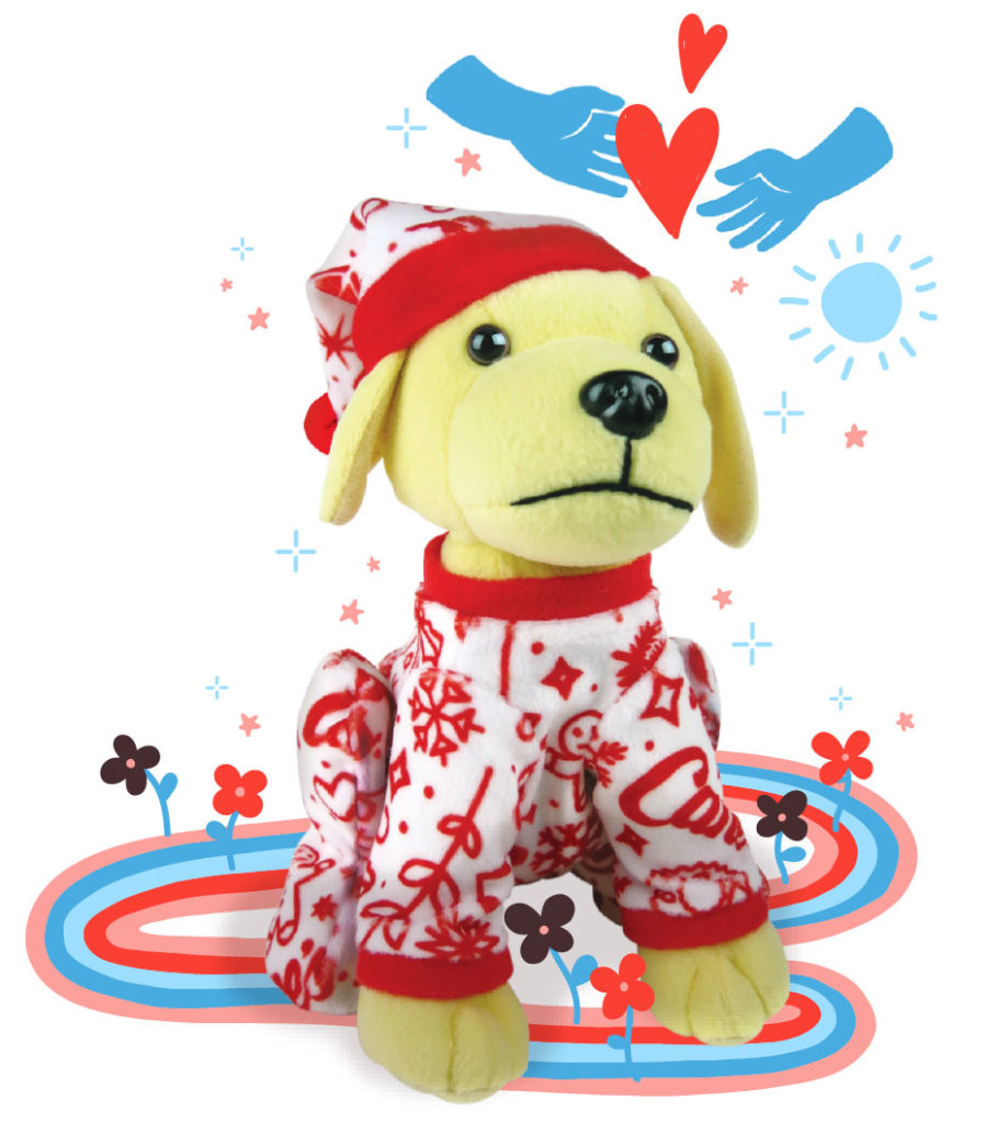 A plush yellow dog toy wearing festive red-and-white pajamas decorated with snowflakes, candy canes, and holiday symbols. The dog also has a matching red-and-white nightcap. Surrounding it are playful illustrated elements: red and blue concentric swirls at its feet with small flowers growing, stars and sparkles floating around, and blue hands holding a red heart above its head with a sun icon nearby, giving the image a cheerful and caring vibe.