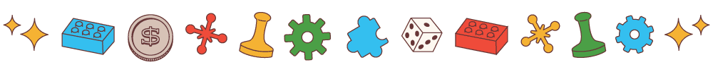 A horizontal decorative banner with a repeating pattern of stylized game pieces and other whimsical icons. From left to right, the icons are a sparkling star, a blue Lego-style brick, a coin with a dollar sign on it, a red jack, a yellow pawn, a green gear, a blue splash shape, a white die with black dots, a red Lego-style brick, a yellow splash shape, a green pawn, a blue gear, and a sparkling star.