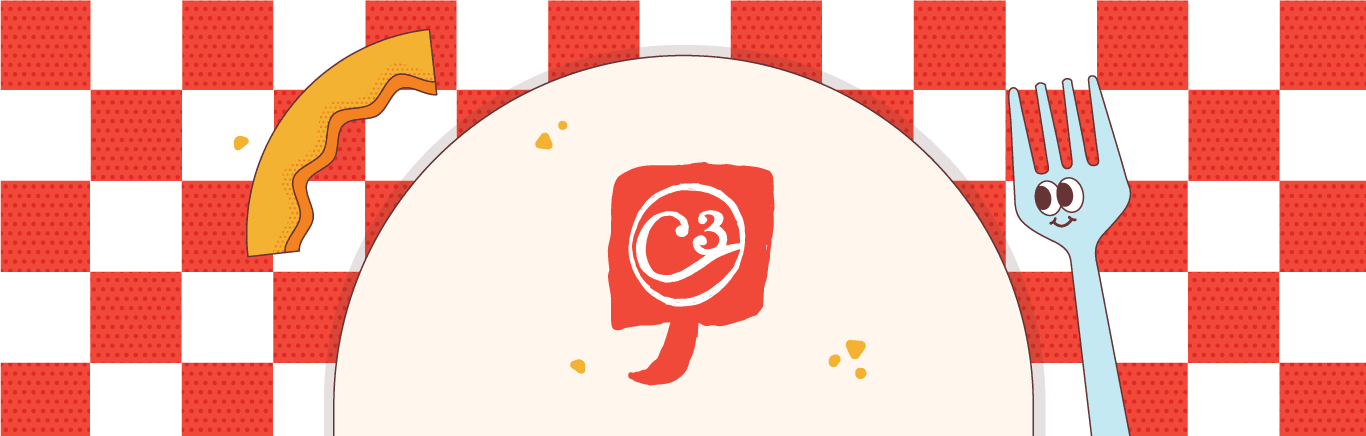 A graphic showing a stylized, light-colored plate with some orange crumbs on it. A red and white, dotted checkered tablecloth is in the background. On the plate is a red, abstract logo with a white ‘c3’ written inside. To the right of the plate is a light blue, cartoonish fork with a smiling face. A curved piece of orange pizza crust with a dotted pattern is on the top left of the graphic.
