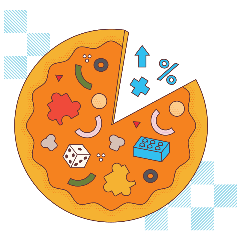 A graphic of a round pizza, with a slice taken out to reveal a pie chart. The main part of the pizza has toppings that include mushrooms, olives, green peppers, what looks like cheese, and a white die. The slice that is removed is white and has an upward-pointing arrow, a blue plus sign, and a percentage symbol. The background is white with light blue checkered patterns in the top left and bottom right corners.
