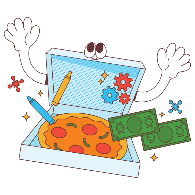 A playful, cartoonish drawing of a pizza box that has arms and eyes. The box is light blue, and the lid is open, revealing a pizza with pepperoni and green peppers inside. The box's arms are raised in excitement. Crayon-like drawings of a blue crayon, a red crayon, gears, stars, and two dollar bills are floating around the pizza box. The background is solid white.