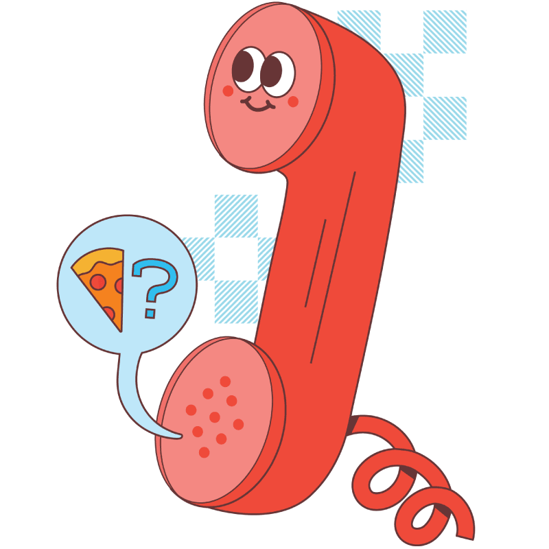 A stylized, cartoonish illustration of a vintage red telephone receiver with eyes and a smiling face. A light blue speech bubble extends from the mouthpiece, containing a slice of pepperoni pizza and a blue question mark. The phone has a curly cord at the bottom. The background is a white surface with a light blue checkered pattern.