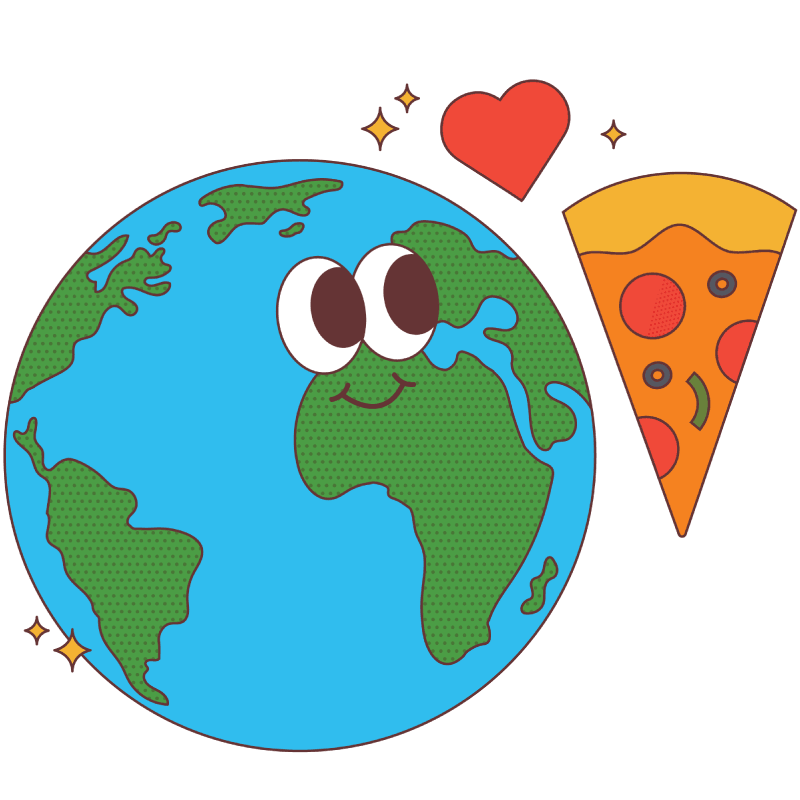 A playful, cartoonish drawing of the planet Earth with a happy face, large eyes, and a smile. Next to the Earth, a large slice of pepperoni and olive pizza is floating, with a red heart and several stars above it. The Earth and the pizza appear to be connected in a whimsical way, suggesting a love for pizza on a global scale. The background is solid white.