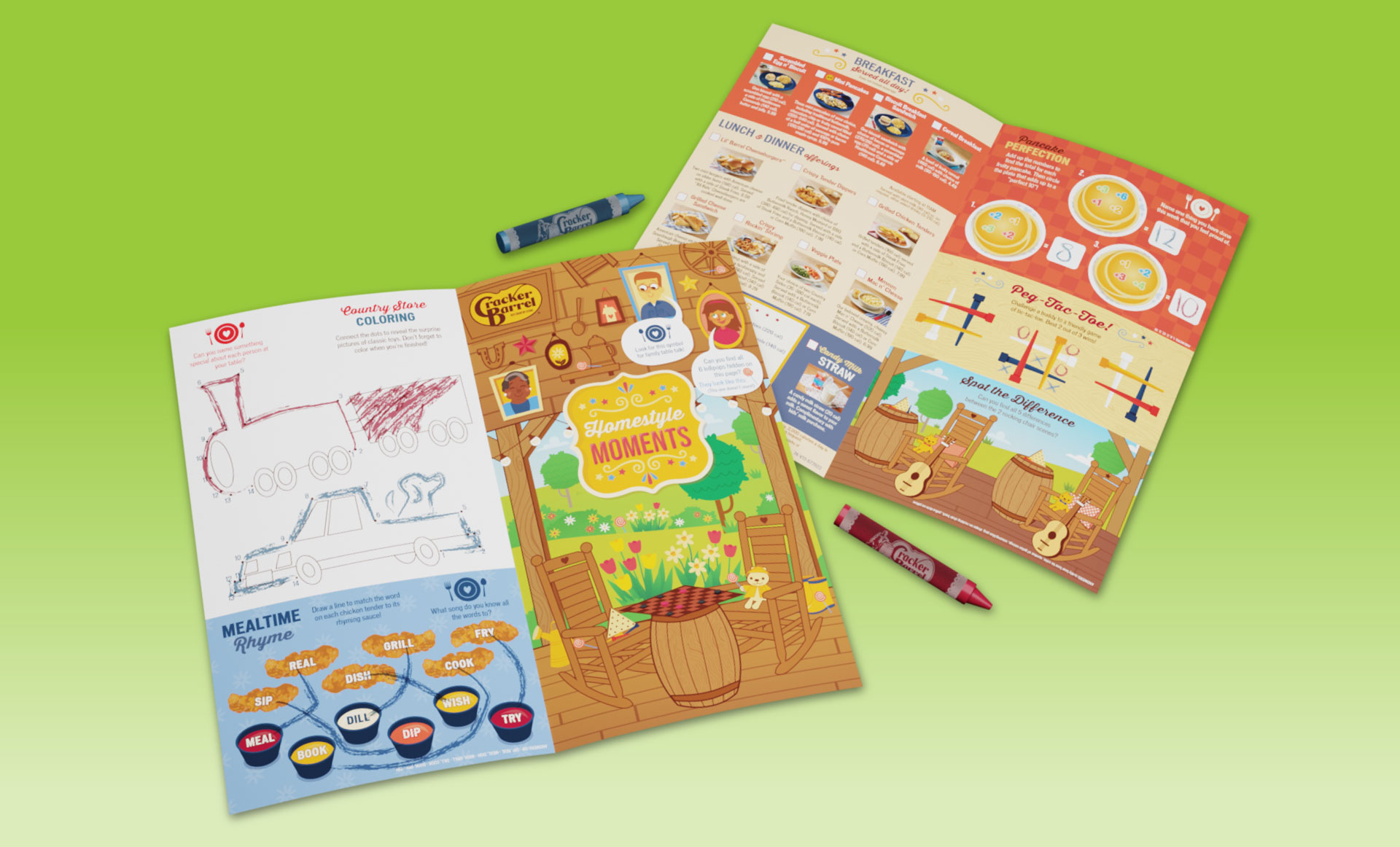 Cracker Barrel "Homestyle Moments" activity book spreads and crayons