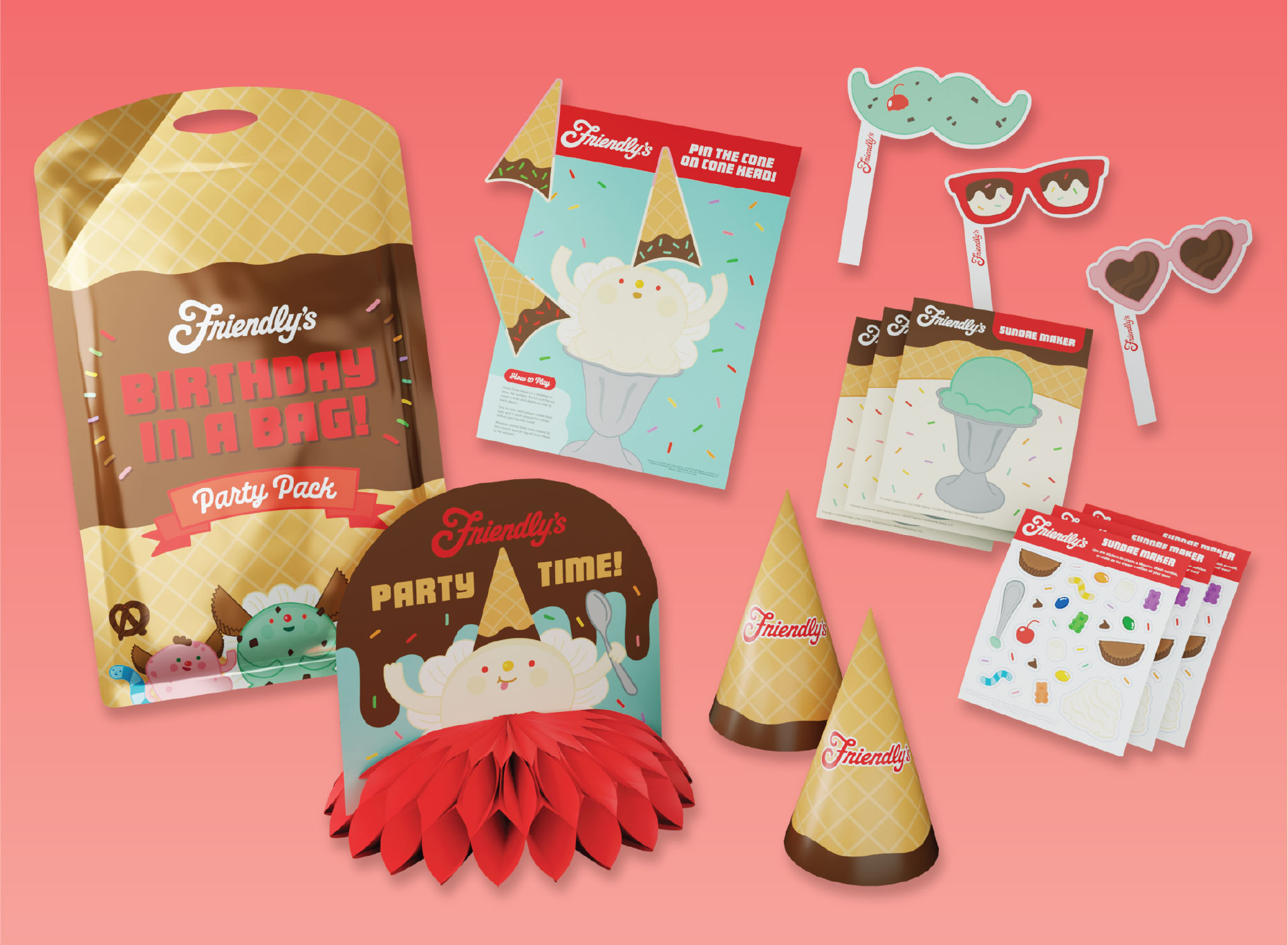Friendly's Birthday Kit with table centerpiece, party hats, activity sheets, stickers and selfie accessories.