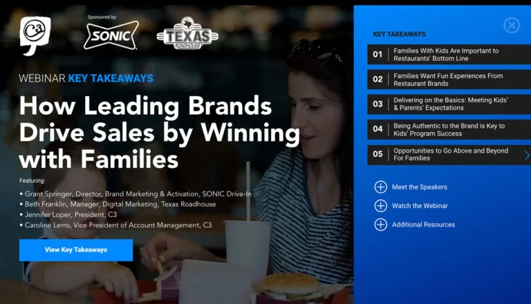 A digital screen graphic for a webinar titled ‘How Leading Brands Drive Sales by Winning with Families’. The title is in large white text on the left side of the screen. Above it, it says ‘WEBINAR KEY TAKEAWAYS’. Below the title is a list of the speakers. The background of the left side is a slightly blurred photograph of a woman and a child at a restaurant table, with the woman smiling down at a drink cup and a burger. The top left of the screen has the logos for C3, Sonic, and Texas Roadhouse. The right side of the screen is a blue panel with the heading ‘KEY TAKEAWAYS’ and a list of five bullet points. Below the bullet points are three expandable menus labeled ‘Meet the Speakers’, ‘Watch the Webinar’, and ‘Additional Resources’.