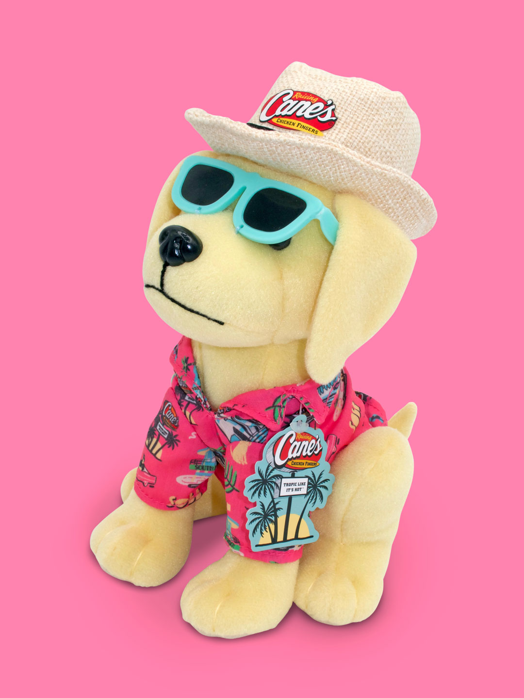 A Raising Cane’s plush puppy wearing a tropical Hawaiian shirt with pink and teal patterns, teal sunglasses, and a straw-style Cane’s hat. Displayed against a pink background with a Cane’s branded tag labeled “Tropic Like its Hot.”