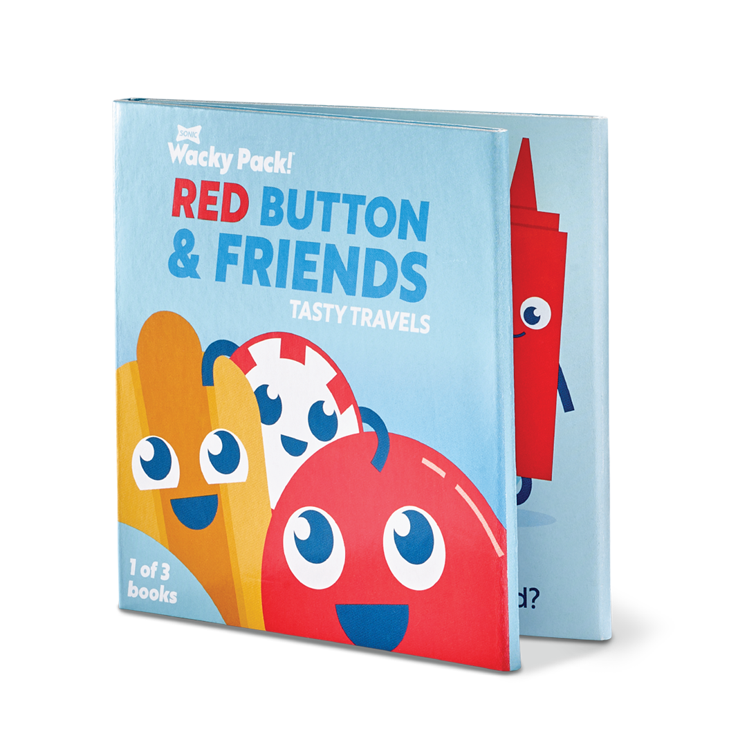 Close-up of one Wacky Pack! “Red Button & Friends: Tasty Travels” mini book, labeled “1 of 3 books.” The cover features Red Button, fries, and a mint candy character with big blue eyes and smiling faces.