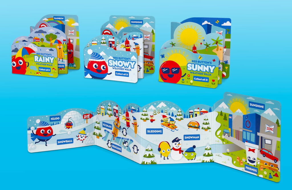 A set of children’s “Red Button’s World” search-and-seek board books themed around Sonic Drive-In. Titles include Roller Rink Party, Sonic Schoolhouse, and Home Sweet Home. The opened roller rink spread shows colorful illustrated characters like a skating hot dog, ice cream cone, ketchup bottle, and balloons on a rink floor, with a sidebar listing items for kids to find such as Red Button, striped balloons, and a disco ball.