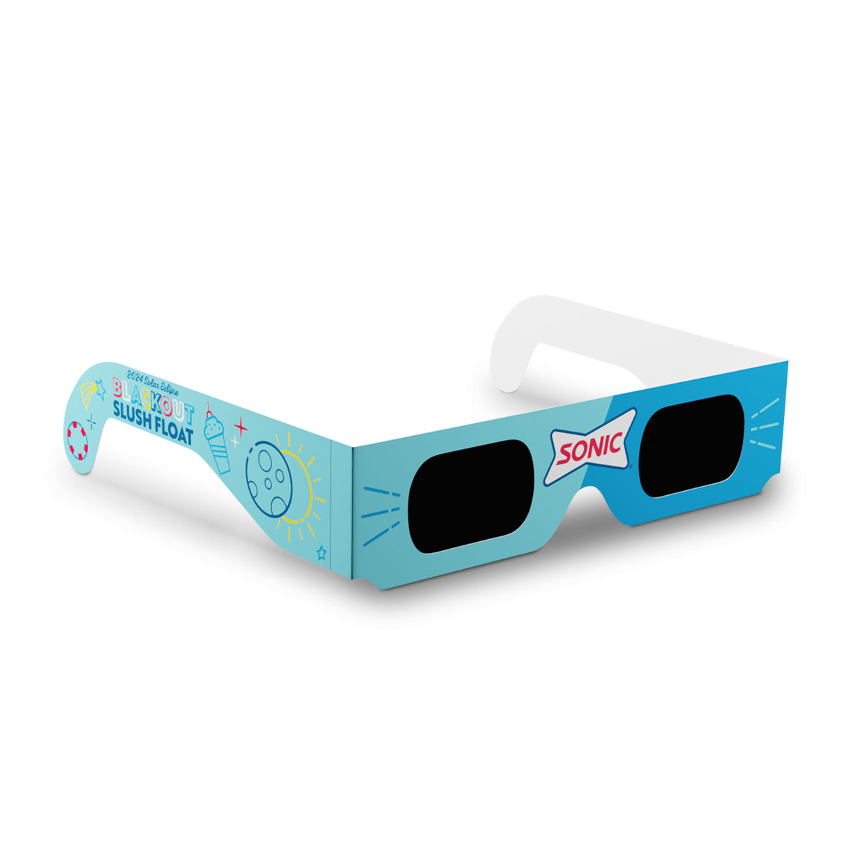 A close-up of Sonic-branded eclipse glasses in teal blue with illustrations of stars, the sun, and the moon, labeled “Blackout Slush Float 2024 Solar Eclipse.”