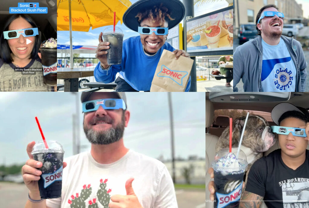 A collage of people enjoying Sonic’s Blackout Slush Float while wearing branded eclipse-viewing glasses. One man is joined by his dog in a car, while others hold drinks outdoors, laughing and posing with Sonic packaging and signage visible in the background.