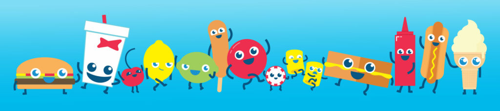 A lineup of illustrated Sonic food mascots on a blue gradient background, including a smiling burger, drink cup, cherries, lemon, lime, corndog, red button, peppermint, tater tots, grilled cheese, ketchup, hot dog, and ice cream cone. All characters have friendly cartoon faces with big blue eyes.