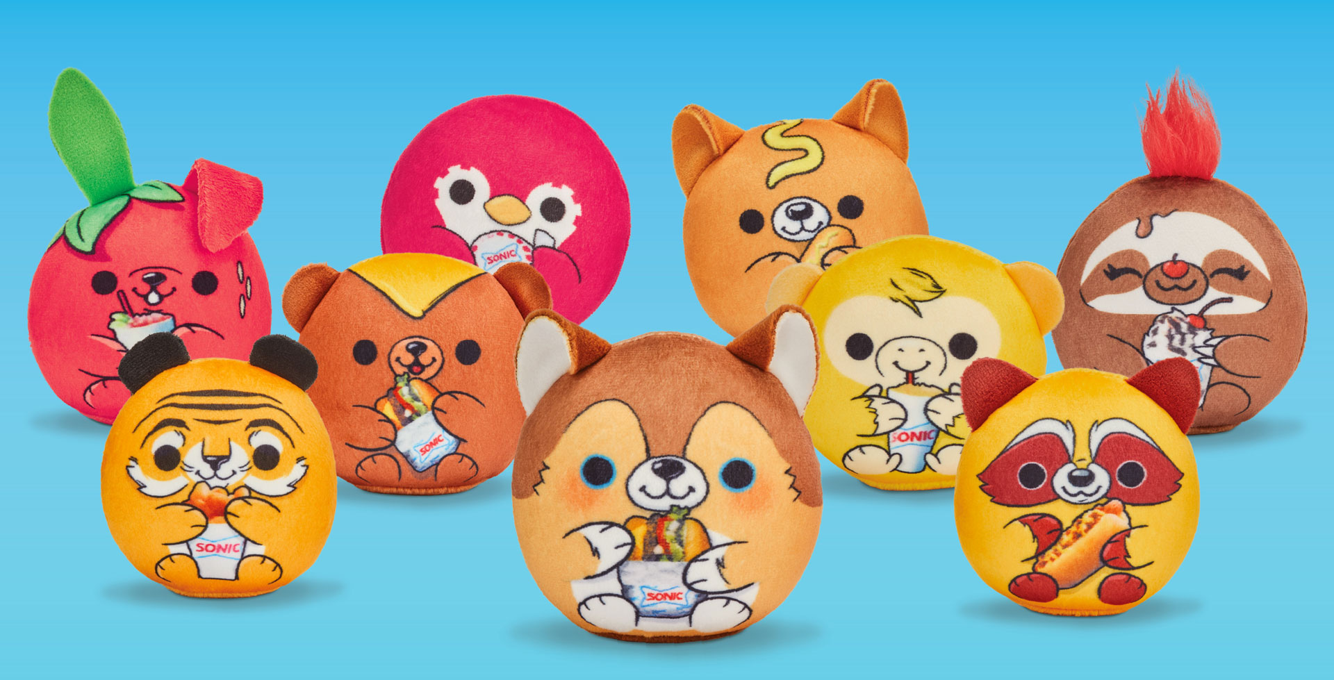 Characters include a strawberry rabbit, penguin, tiger, bear, fox, monkey, raccoon, and sloth. Each character is styled to resemble menu items. They are arranged in two rows against a blue background.