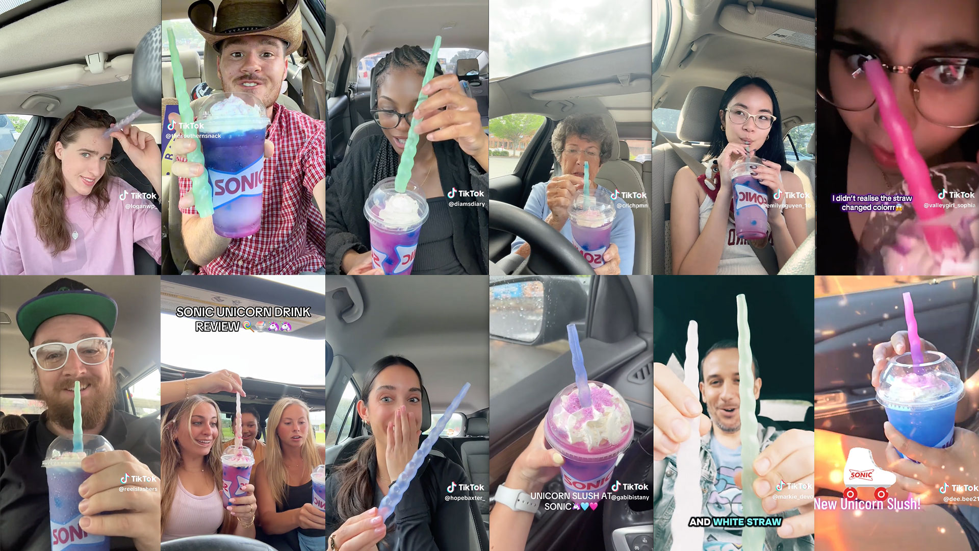 A collage of multiple people in cars holding Sonic cups with the unicorn horn straws. Each person has a different colored straw including green, purple, blue, and pink. Text overlays include usernames, captions, and reactions such as “SONIC UNICORN DRINK REVIEW.”