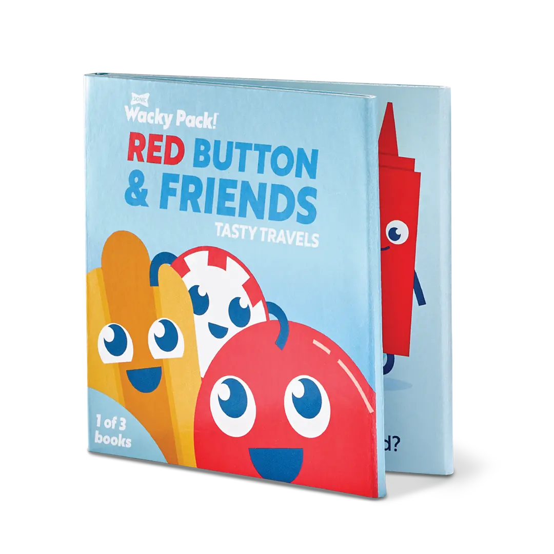 Close-up of one Wacky Pack! “Red Button & Friends: Tasty Travels” mini book, labeled “1 of 3 books.” The cover features Red Button, fries, and a mint candy character with big blue eyes and smiling faces.