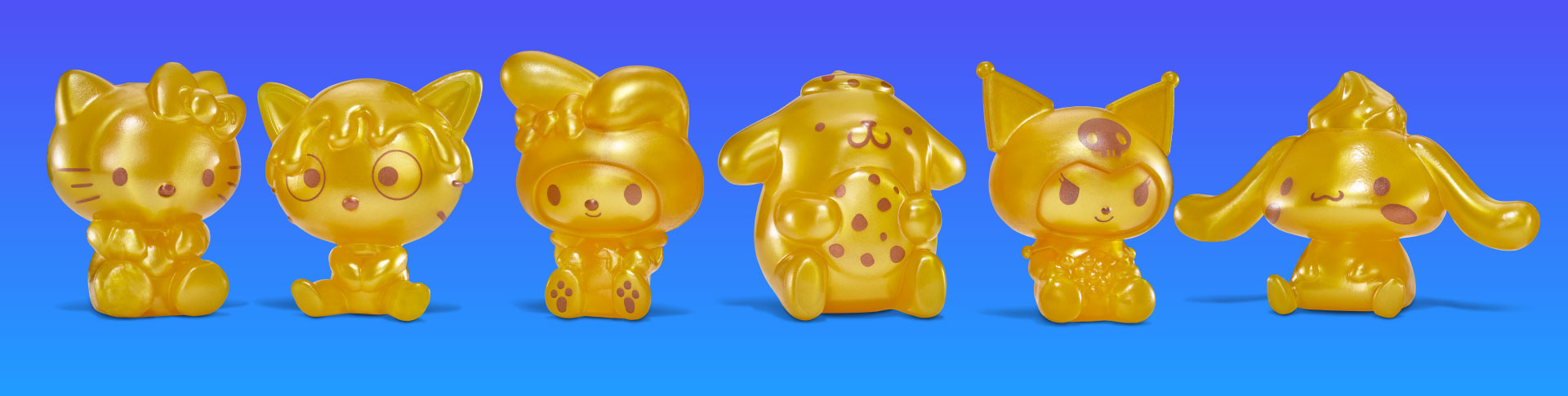 Six metallic gold Sanrio figurines—Hello Kitty, Chococat, My Melody, Pompompurin, Kuromi, and Cinnamoroll—displayed in a row against a blue gradient background.