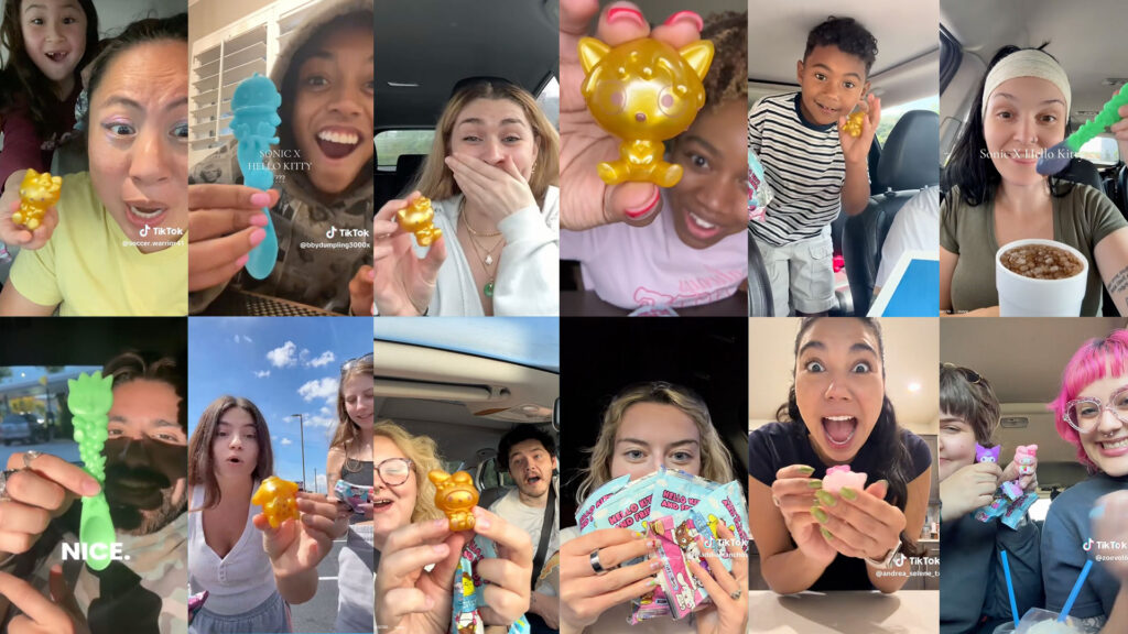 Collage of twelve TikTok-style video thumbnails showing people reacting to Sanrio-themed collectible figurines and spoons, with excited expressions and TikTok watermarks. Visible text includes “Sonic x Hello Kitty” and “NICE.”