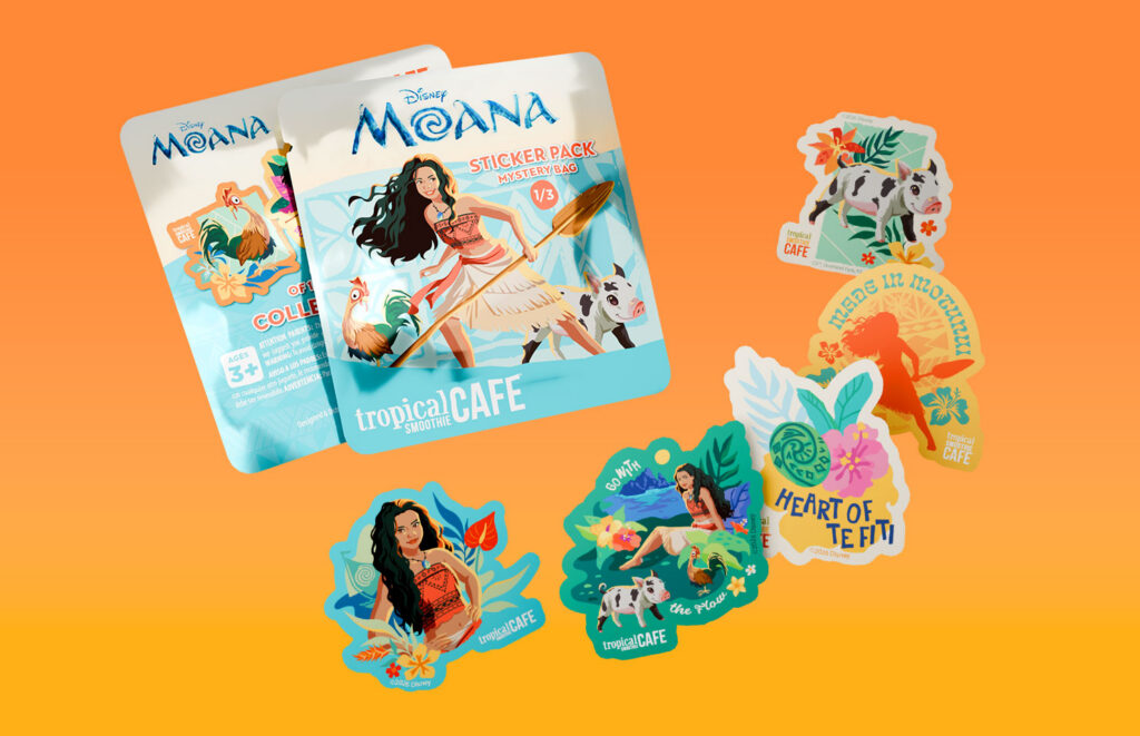 A foil bag with Disney's "Moana" design, along with 5 colorful sticker designs featuring beloved characters from the movie.